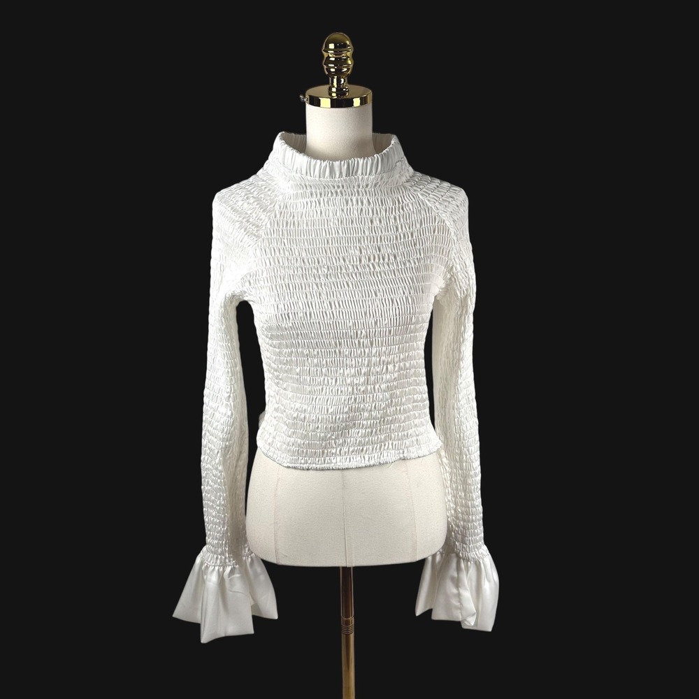 Love Highlight White Smocked Mock Neck Top Ruffle Flounce Sleeve Plus Size 2XL